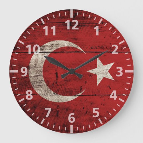 Turkey Flag on Old Wood Grain Large Clock