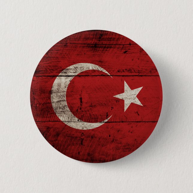 Turkey Flag on Old Wood Grain Pinback Button (Front)