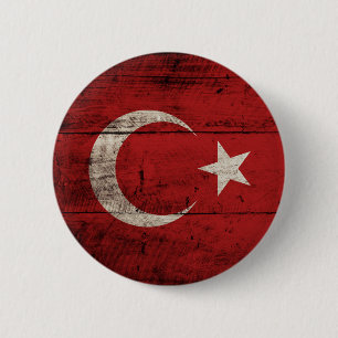 Turkey Flag on Old Wood Grain Pinback Button