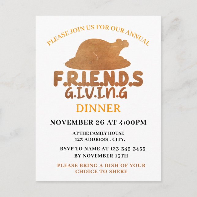 Turkey Friendsgiving Dinner party Invitation Postcard (Front)