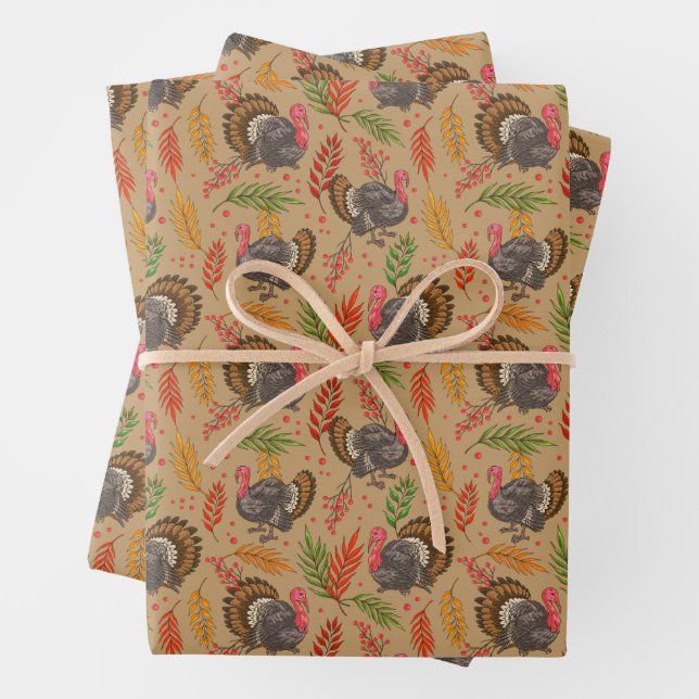 Turkey Gobbler In The Forest Pattern Wrapping Paper Sheets (In situ)