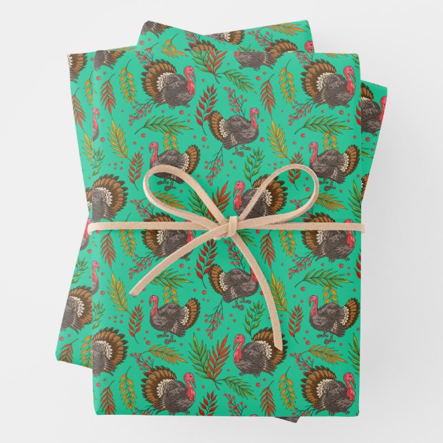 Turkey Gobbler In The Forest Pattern Wrapping Paper Sheets (In situ)