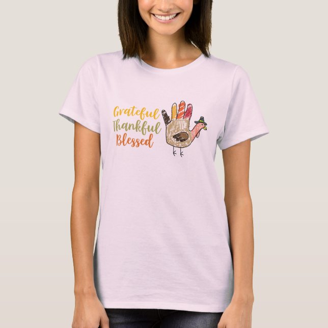 Turkey Hand Thanksgiving Grateful Thankful Blessed T-Shirt (Front)
