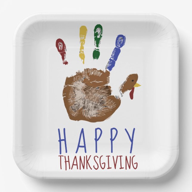 Turkey Handprint Kid Happy Thanksgiving Cute  Paper Plates (Front)