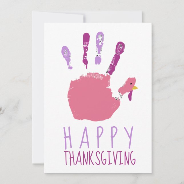 Turkey Handprint Kid Happy Thanksgiving Cute Pink Holiday Card (Front)