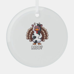 Turkey In Cow Costume, Moo Funny Thanksgiving _2_1 Glass Ornament