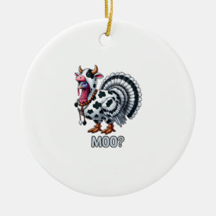 Turkey In Cow Costume, Moo Funny Thanksgiving _2 Ceramic Ornament