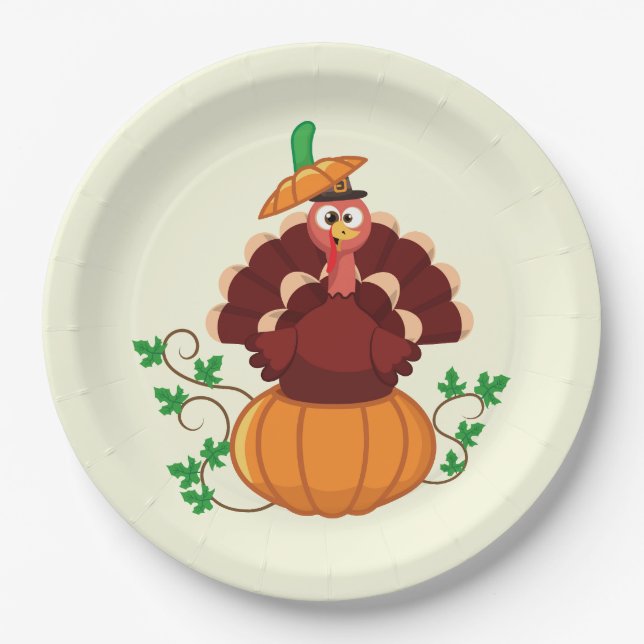 Turkey in Pumpkin Thanksgiving Paper Plates (Front)