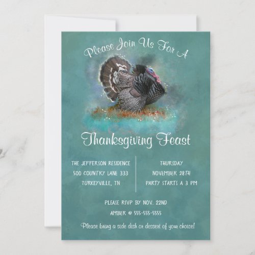 Turkey in Teal Watercolor  Thanksgiving Day Invitation
