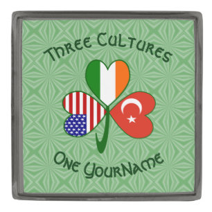 Turkey Ireland USA Shamrock Flag Personalized Gunmetal Finish Lapel Pin