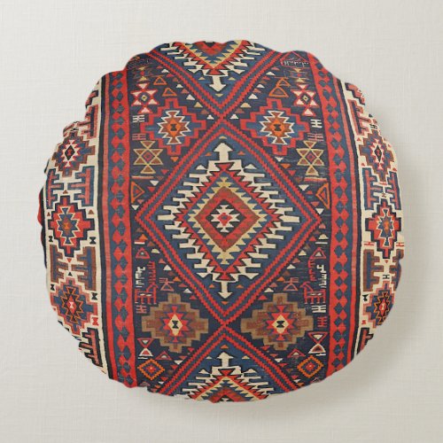 Turkey Kilim Aztec Red Blue Tan  Round Pillow