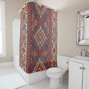 Turkey Kilim Aztec Red Blue Tan Shower Curtain
