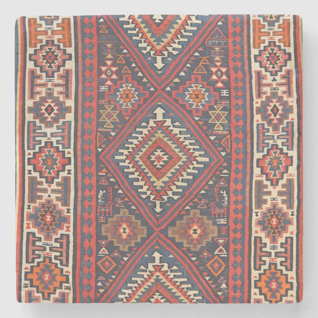 Turkey Kilim Aztec Red Blue Tan  Stone Coaster (Front)