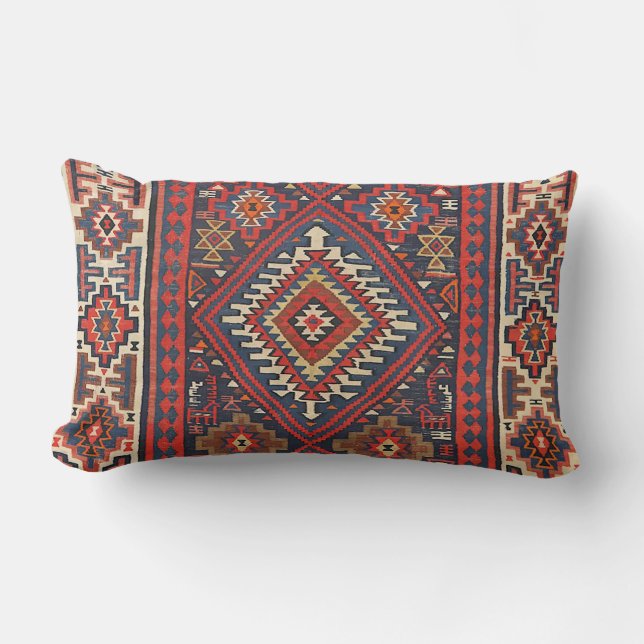 Turkey Kilim Aztec Red Blue Tan Throw Pillow (Front)