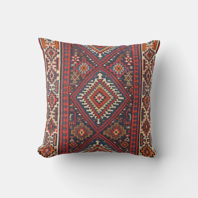 Turkey Kilim Aztec Red Blue Tan Throw Pillow (Front)
