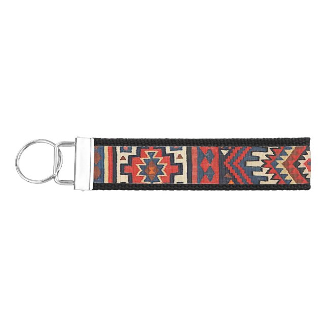 Turkey Kilim Aztec Red Blue Tan  Wrist Keychain (Keys on Left)