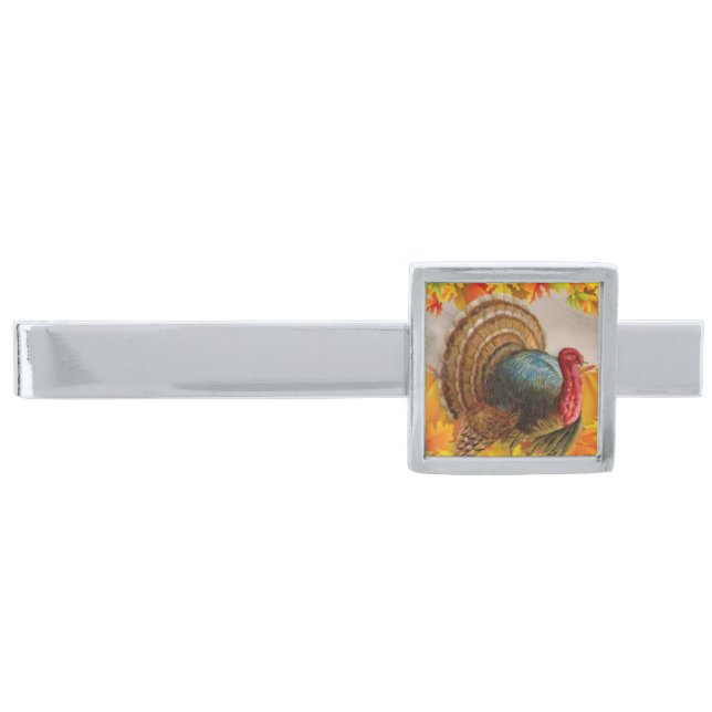 Turkey leaves pumpkins silver finish tie bar (Front)