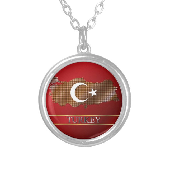Turkey Map and Turkish Flag Metal Pixel Silver Plated Necklace (Front)