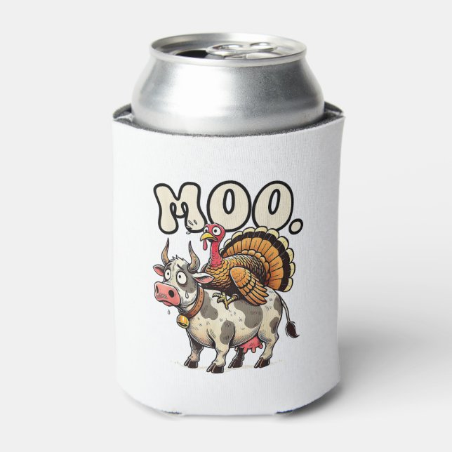 Turkey Moo Riding Cow Funny Thanksgiving  Can Cooler (Can Front)