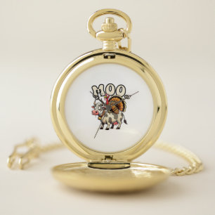 Turkey Moo Riding Cow Funny Thanksgiving Pocket Watch