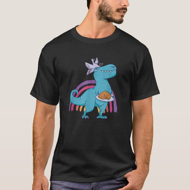 Turkey On Dinosaur Funny Thanksgiving T Shirt (Front)