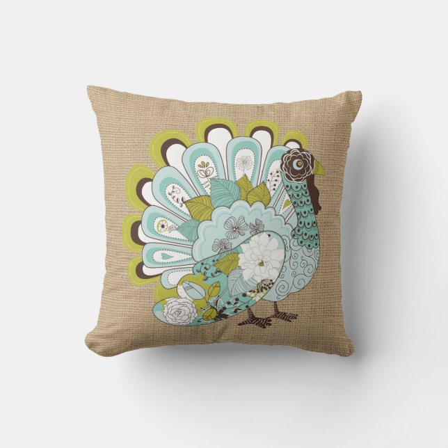 Turkey on faux Burlap Throw Pillow (Front)