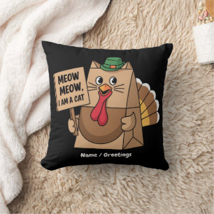 Turkey Paper Bag Meow Funny Thanksgiving Cat Throw Pillow
