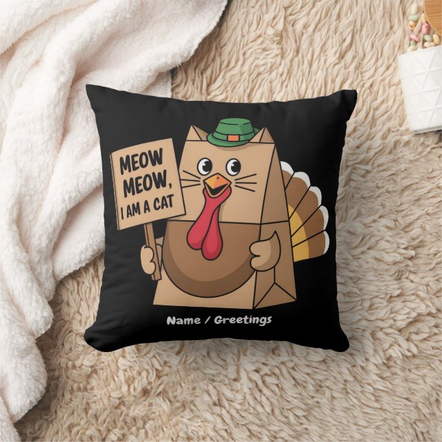 Turkey Paper Bag Meow Funny Thanksgiving Cat  Throw Pillow (Blanket)