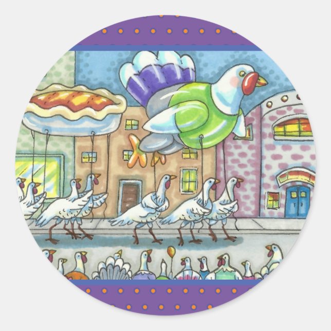 TURKEY PARADE, THANKSGIVING DAY HELIUM BALLOONS CLASSIC ROUND STICKER (Front)