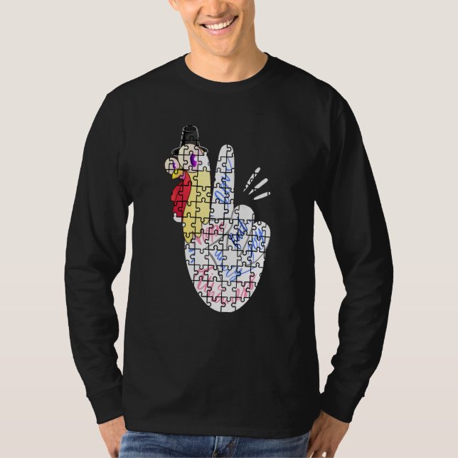 Turkey Peace Hand Sign Puzzle Autism Thanksgiving  T-Shirt (Front)