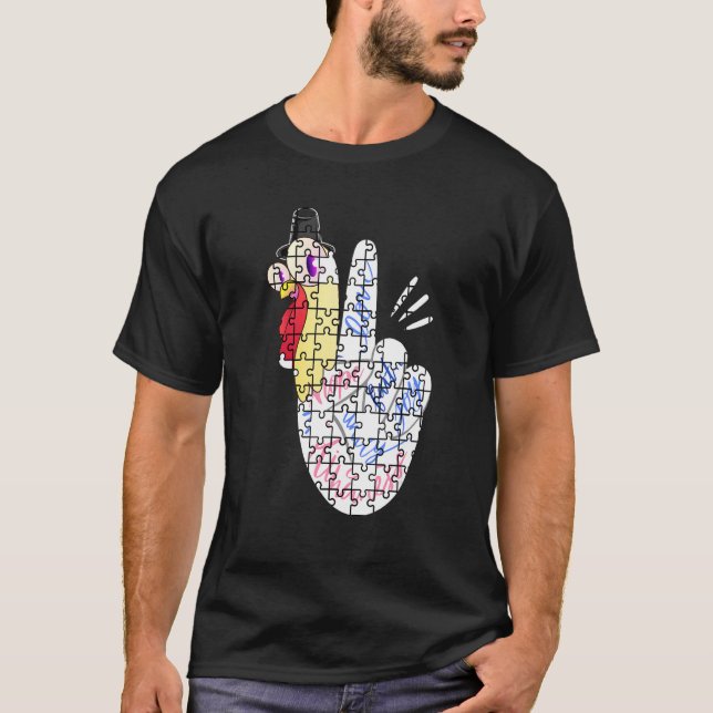 Turkey Peace Hand Sign Puzzle Autism Thanksgiving  T-Shirt (Front)