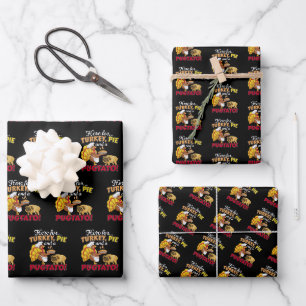 Turkey, Pie and a Pugtato Thanksgiving Pug Dog Wrapping Paper Sheets