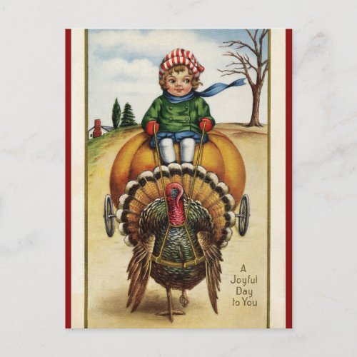 Turkey Pulling Child on Pumpkin Cart Thanksgiving Postcard