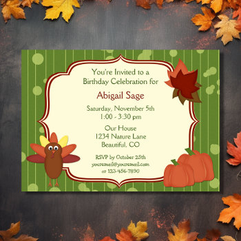 Turkey  Pumpkins And Leaves Birthday Invitation by TheCutieCollection at Zazzle