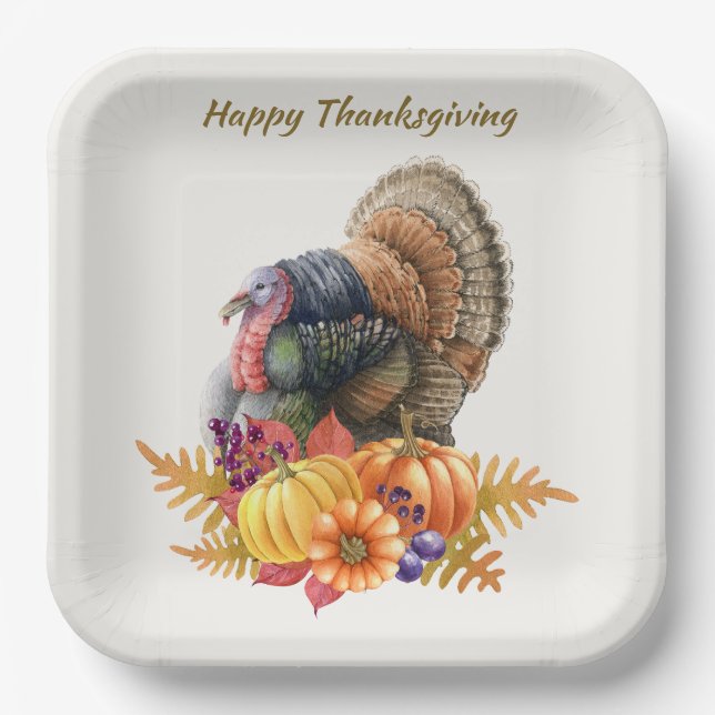 Turkey Pumpkins Thanksgiving Paper Plate (Front)
