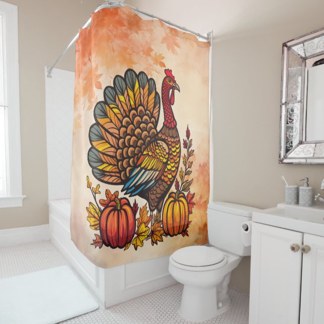 Turkey Pumpkins Thanksgiving Shower Curtain (In Situ)