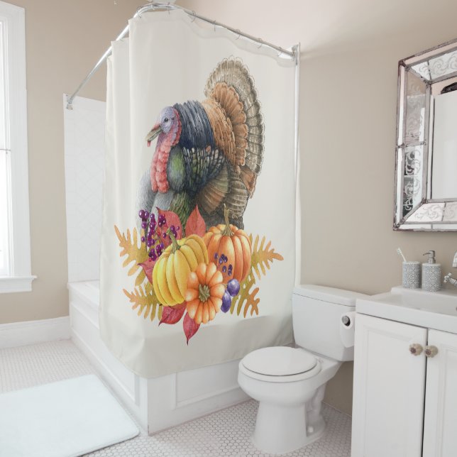 Turkey Pumpkins Thanksgiving Shower Curtain (In Situ)