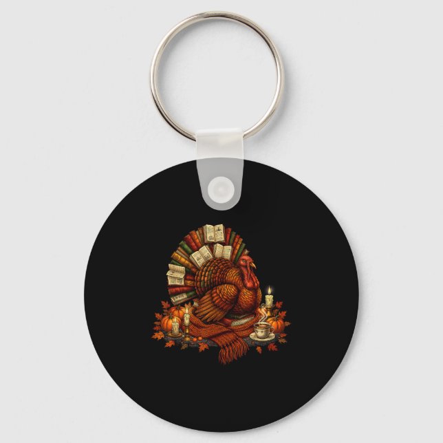 Turkey Reading Books Fall Season Thanksgiving Teac Keychain (Front)