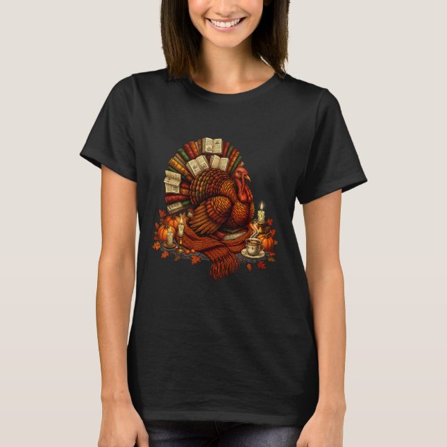 Turkey Reading Books Fall Season Thanksgiving Teac T-Shirt (Front)