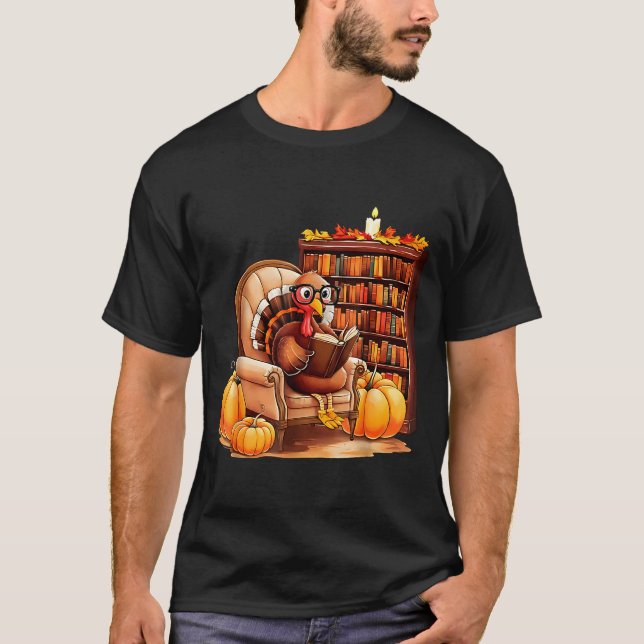 Turkey Reading Books Fall Thanksgiving Teacher Boo T-Shirt (Front)