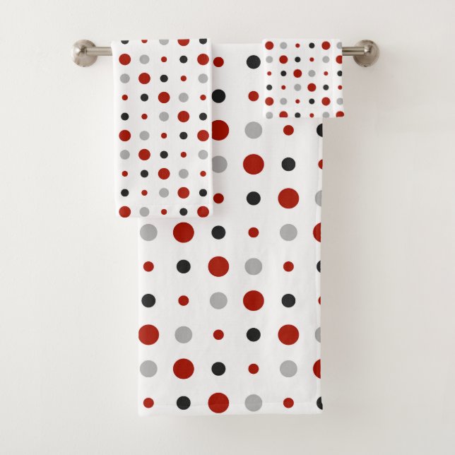turkey red, black, gray and white dots bath towel set (Insitu)