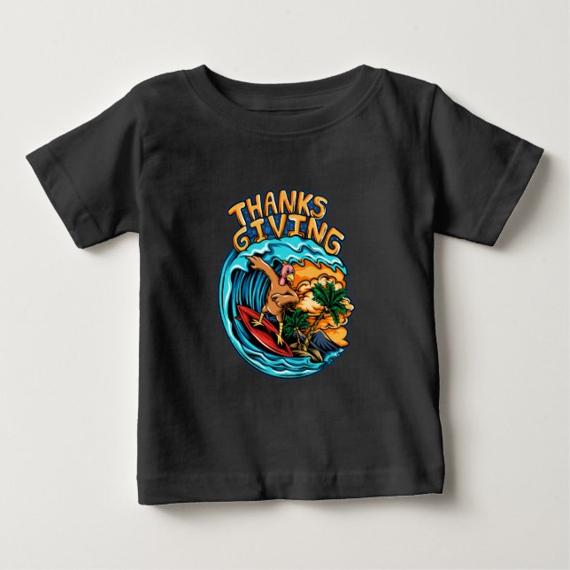 Turkey Riding a Surf Board on the Ocean Waves Baby T-Shirt (Front)