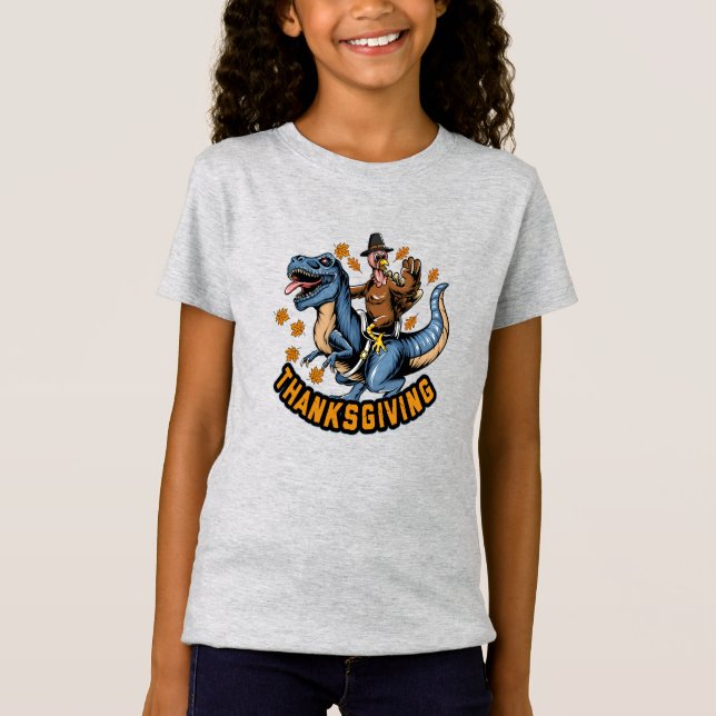 Turkey Riding a Tyrannosaurus T-rex T-Shirt (Front)