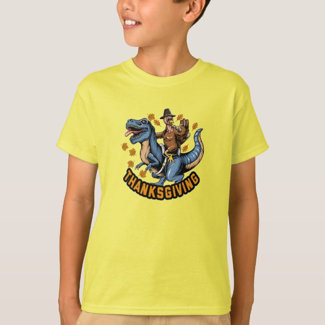 Turkey Riding a Tyrannosaurus T-rex T-Shirt (Front)