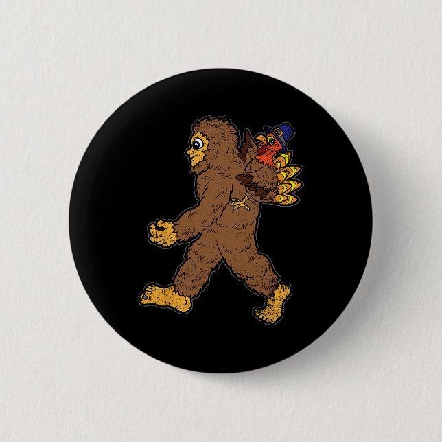 Turkey Riding Bigfoot Thanksgiving Day Funny Sasqu Button (Front)