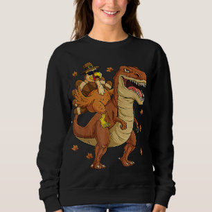 Turkey Riding Dinosaur T rex Boys Kids Funny Thank Sweatshirt