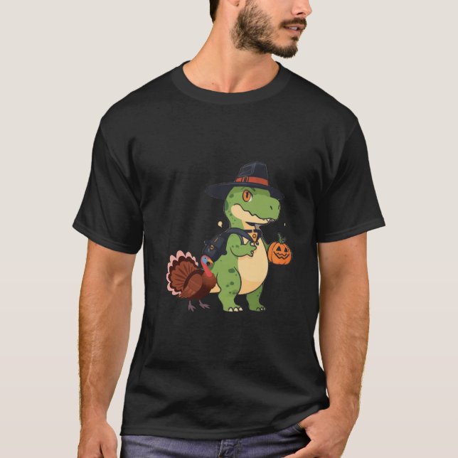 Turkey Riding Dinosaur T rex Boys Kids Funny Thank T-Shirt (Front)