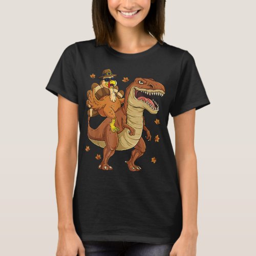 Turkey Riding Dinosaur T rex Boys Kids Funny Thank T_Shirt