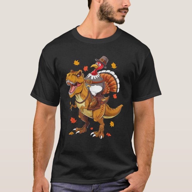 Turkey Riding Dinosaur T rex Boys Kids Funny Thank T-Shirt (Front)