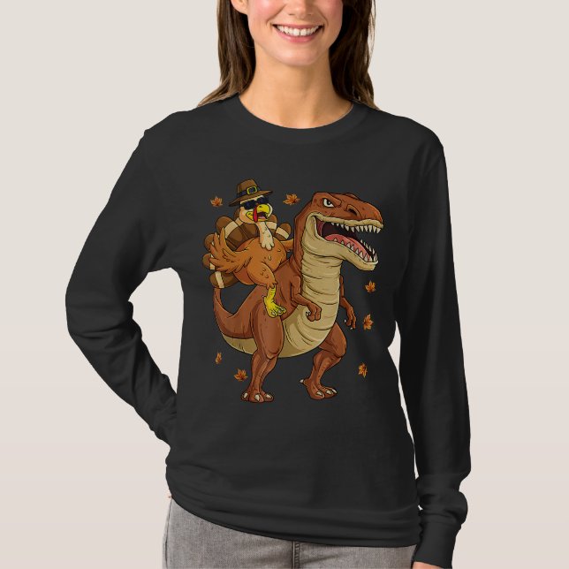 Turkey Riding Dinosaur T rex Boys Kids Funny Thank T-Shirt (Front)